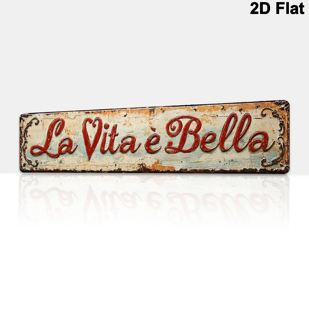 2D Flaches, Vintage Metallschild „La Vita è Bella“, Retro Distressed Red Wanddekoration, Italienisches Zitat Wandplakette