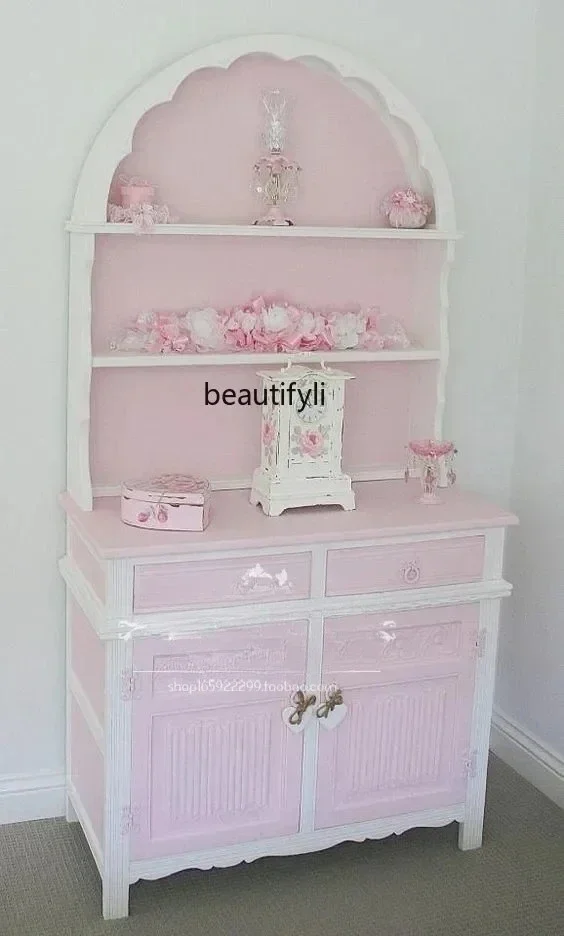 

American French solid wood carving flower bookcase dining side cabinet locker pastoral pink princess cabinetL