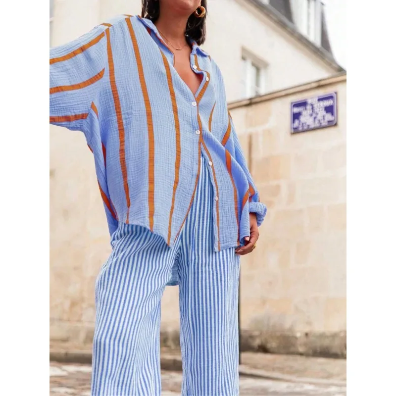 Plus Size New 1XL-5XL New Women's Casual Shirt Fashion Striped Long-sleeved Loose Lapel Women's Top
