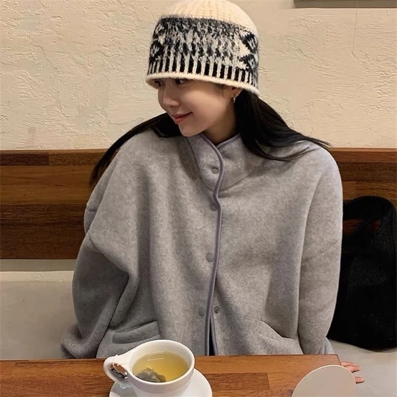 Chic Vintage Winter Fce Lined Hoodie Ort Jaet Women's Sweet Plu Stand Collar Sweatirt Korean Sle Regular Sve
