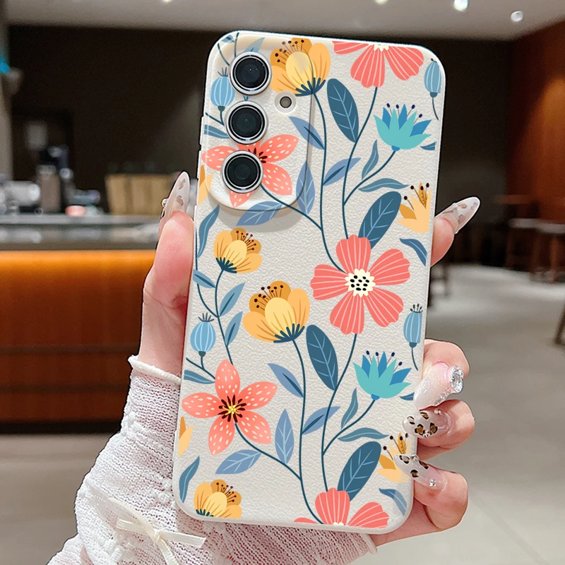 Handmade Flowers Case For Samsung Galaxy A55 A54 A53 A52 A16 A15 A14 A35 A34 A25 5G S20 FE S21 S22 S23 S24 Ultra Leather Texture