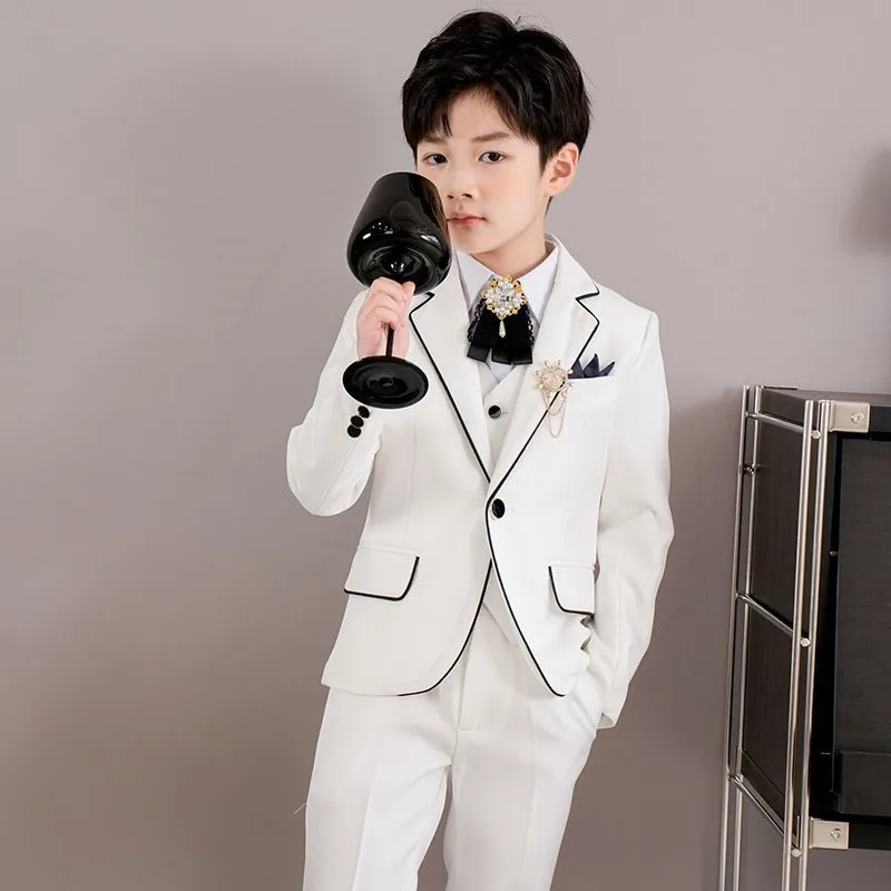 2026 Creative Children's White Long Sleeve Blazer Costume Set for Boys' Performance Costume Set Coat Pants Vest Shirt Set LI786