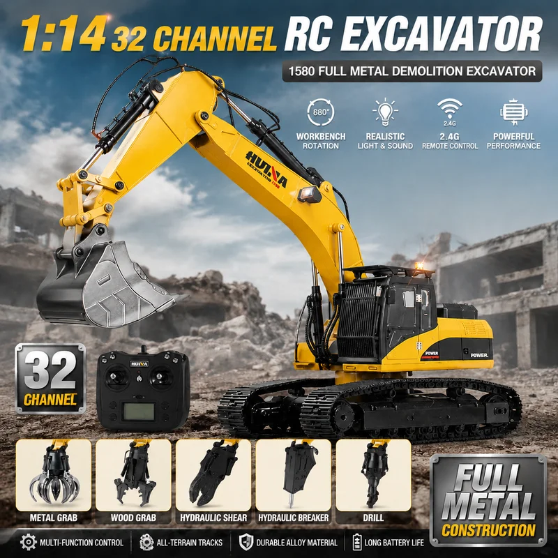 New Huina 1580 Huina 1:14 Excavator 32 Channel Super Large All Alloy Engineering Vehicle Toy Simulation Excavator Toy