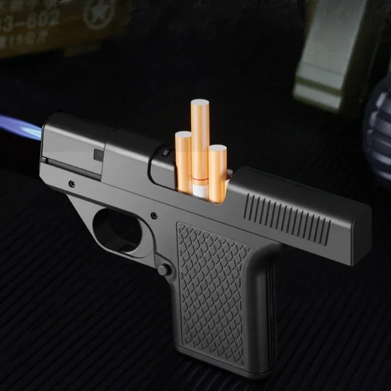 Windproof Multifunctional Gun Inflatable Lighter with Cigarette Box Jet Flame One Key Ignition Outdoor Lighter Men\'s Gift