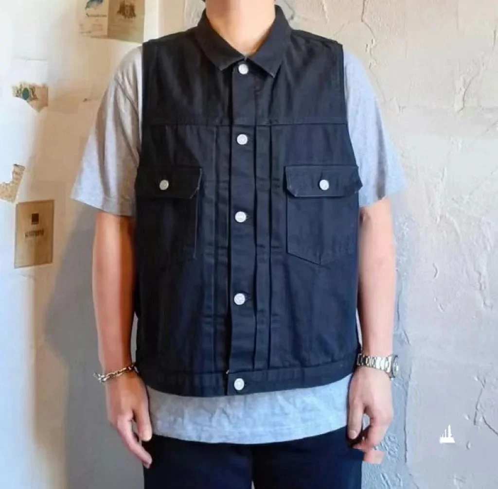 

2025 VISVIM ICT 101 VEST CMYK DMGD Black Red Ear Tannin Denim Vest