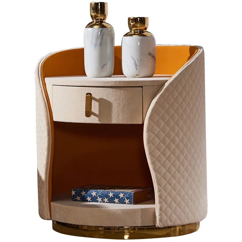 

Modern Luxury Cheap Home Furniture Bedroom Gold Metal Legs Cylindrical Wood Center Fabric Storage Nightstand Bedside Table Set