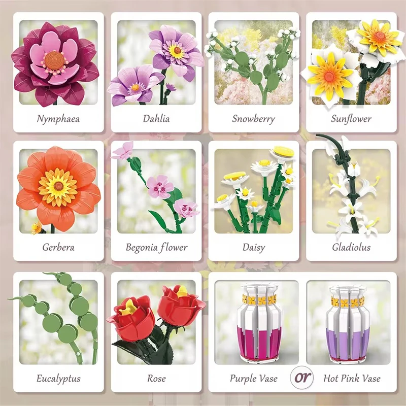 Spring Flower Bouquet Building Kit Model Floral Bricks DIY with Vase Home Ornaments Toys for Adults Kids Holiday Gifts