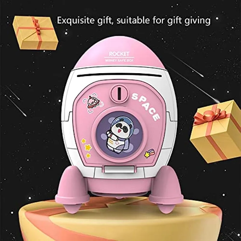 Rocket Ship Piggy Bank للفتيات، آمن للمال، عملة نقدية لرائد الفضاء، يمكن بنك ATM مع ملصق مفاتيح، هدية عيد الميلاد للأطفال