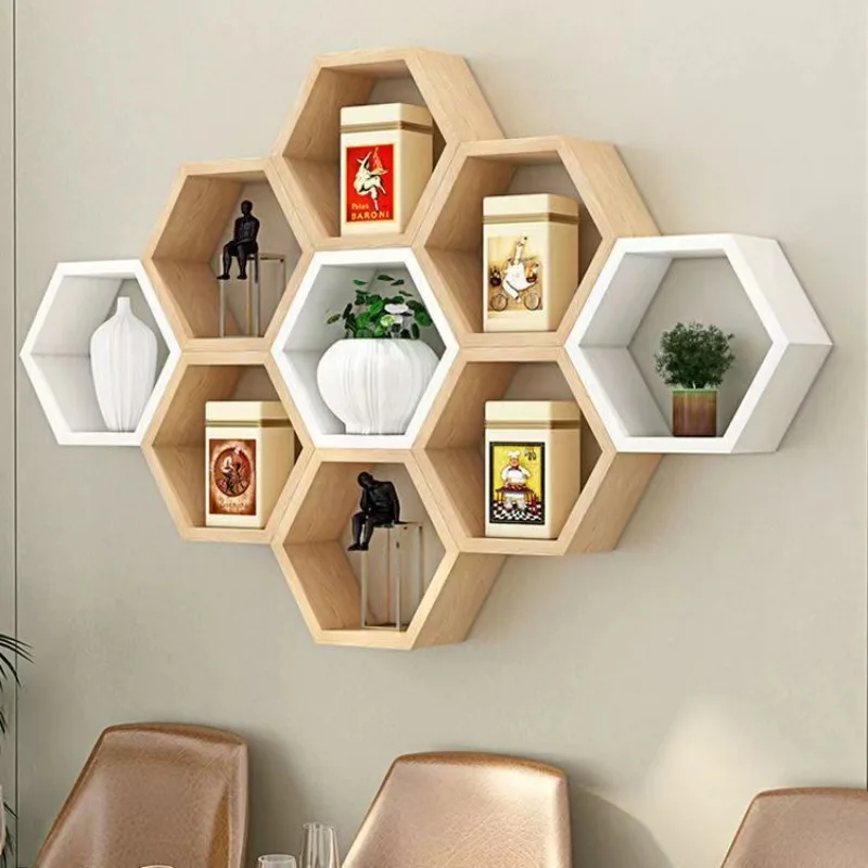 Hexagonal honeycomb wall storage rack, creative wall-mounted grid display rack, bookshelf background wall, minimalist decorative