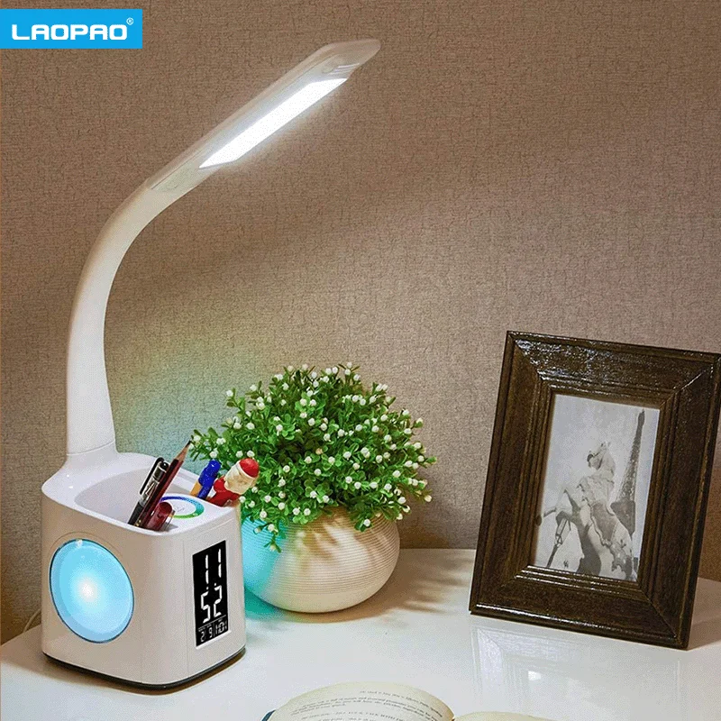 Lampada da tavolo a LED da studio LAOPAO con porta di ricarica USB da 10W e schermo e calendario e colori luce notturna lampada da tavolo