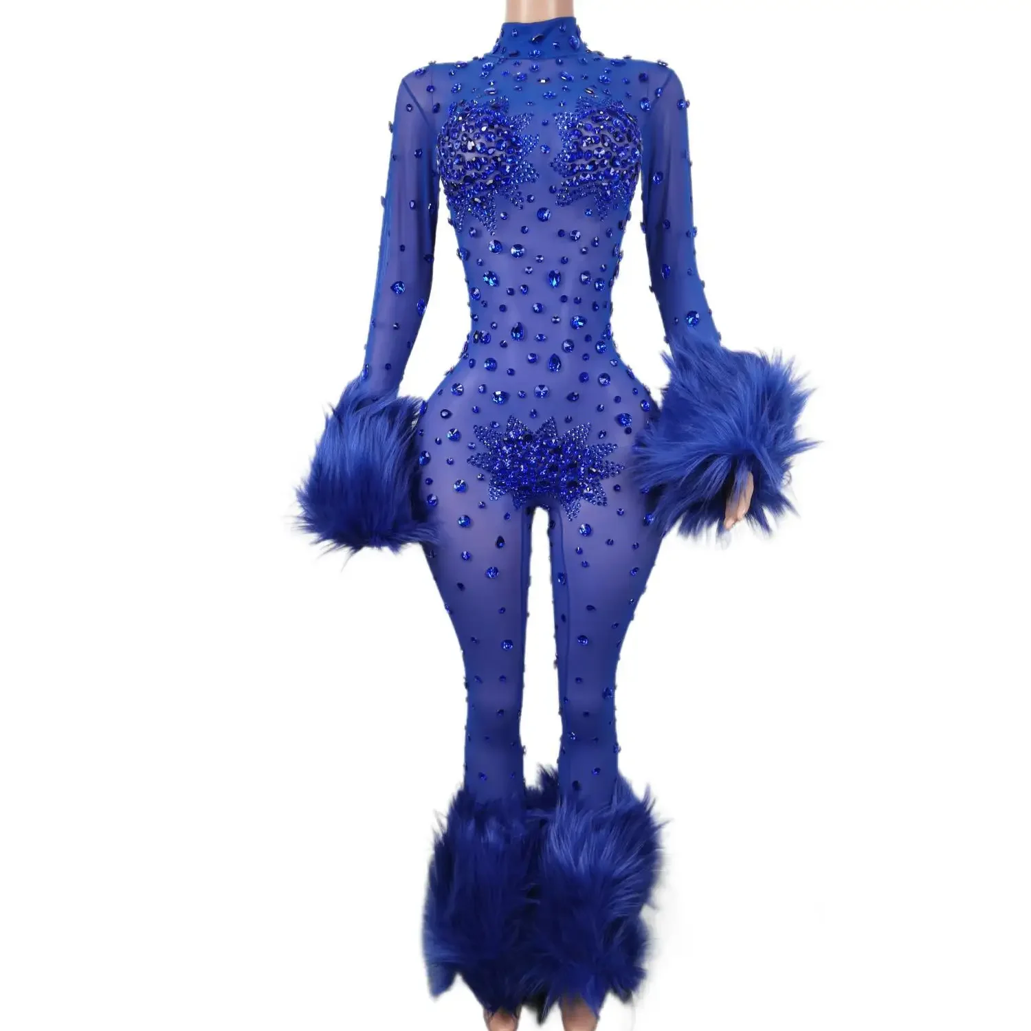 

Blue Furry Jumpsuit Women Diamond Long Sleeve Skinny Fringe Leotard Sexy Mesh Stage Wear DJ Singer Dancer Party Show Costumes