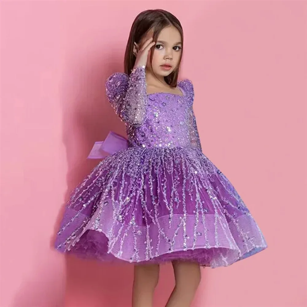 

Sparkly Flower Girl Wedding Dress Sequined Full Sleeves with Bow Baby Kids Princess Birthday Party Dress Holiday Christmas Gown