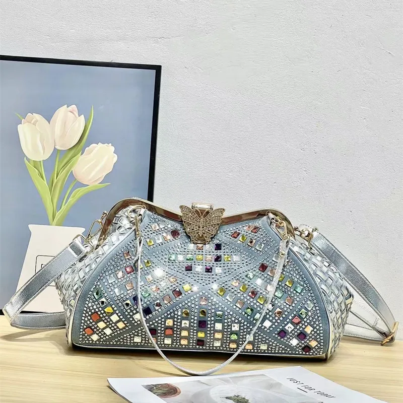 Designer New butterfly buckle cowboy color diamond braid hot diamond fashion Shoulder Crossbody Butterfly Clip Luxury Bag