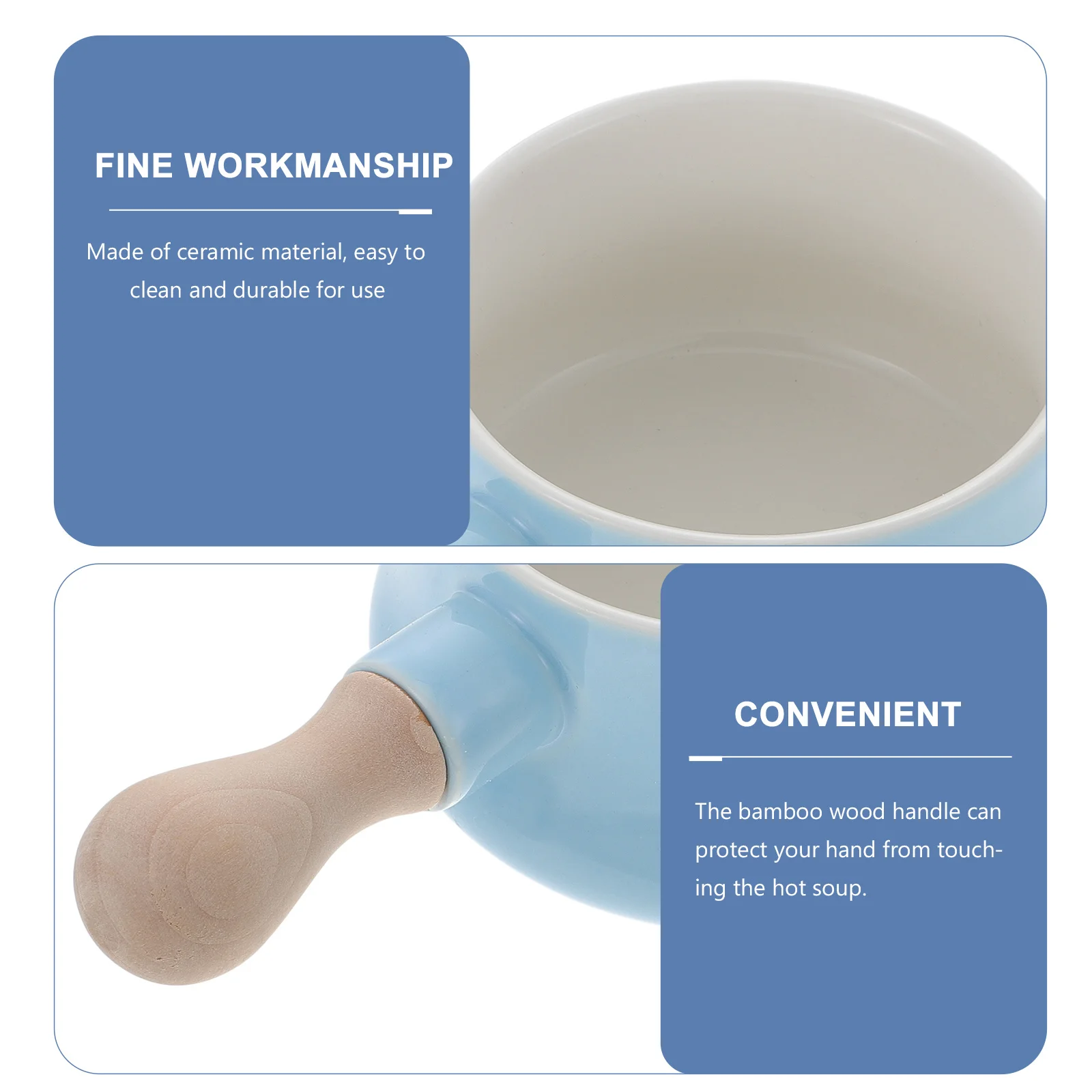 

Wood Handle Ceramic Bowl 380ml Blue for Soup Noodles Salads Cereal Pasta Easy Clean Home Use Delicate Design