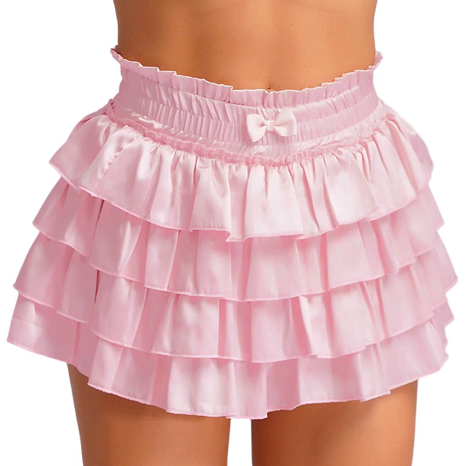 Womens Sweet Cake Short Skirts Tiered Ruffles Satin Bloomers Wide Bowknot Shorts Cute Girl Causal High Waist Shorts Skirtpant