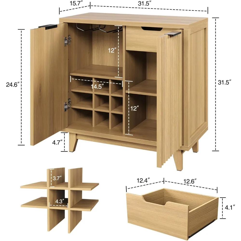 Modern Fluted Coffee Bar Cabinet with Removable Wine Rack and Adjustable Shelf, Solid Wood Legs, Multi-Functional Sideboard Buff