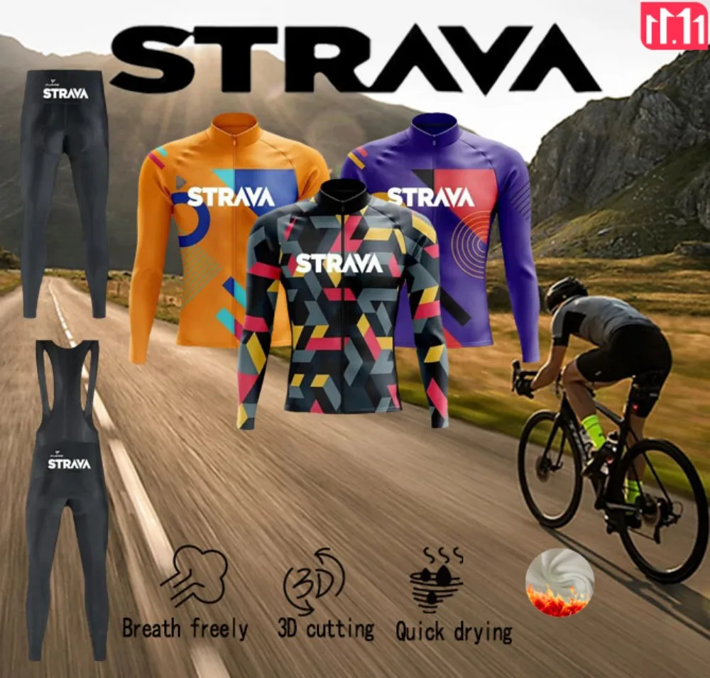 STRAVA Bike Road Mountain Bike Mens Jacket Winter Fleece Long Sleeve Long Pants Cycling Jersey Three-Piece Christmas Gift