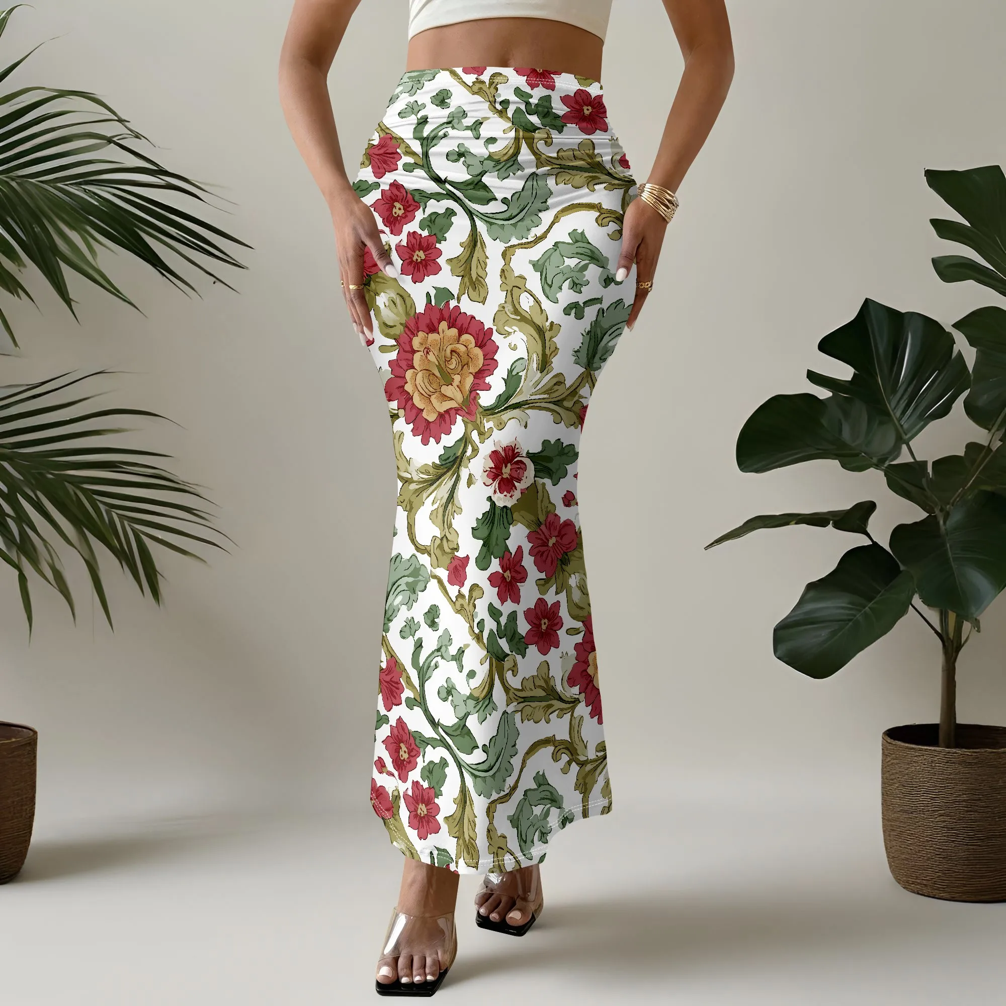 Floral Mermaid Skirt, Red Flower Print, Vintage Baroque Pattern, High Waist A-Line, Women Summer Beach Party Dress S-2XL