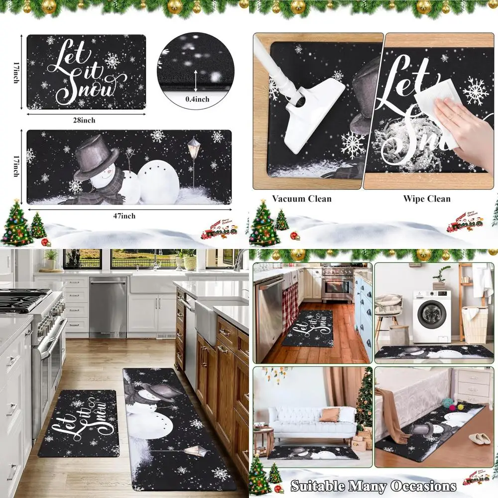 

Set of 2 Christmas Kitchen Rugs: Snowflake & Snowman Anti-Fatigue Mats for Sink and Living Room