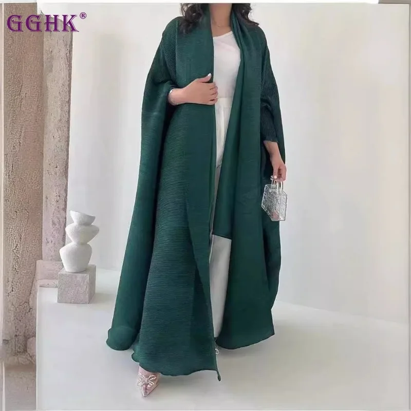 

GGHK Pleated 2024 Spring Autumn New Female Large Size Trench Coat Pure Color Cardigan Retro Design Arab Luxury Women Abaya