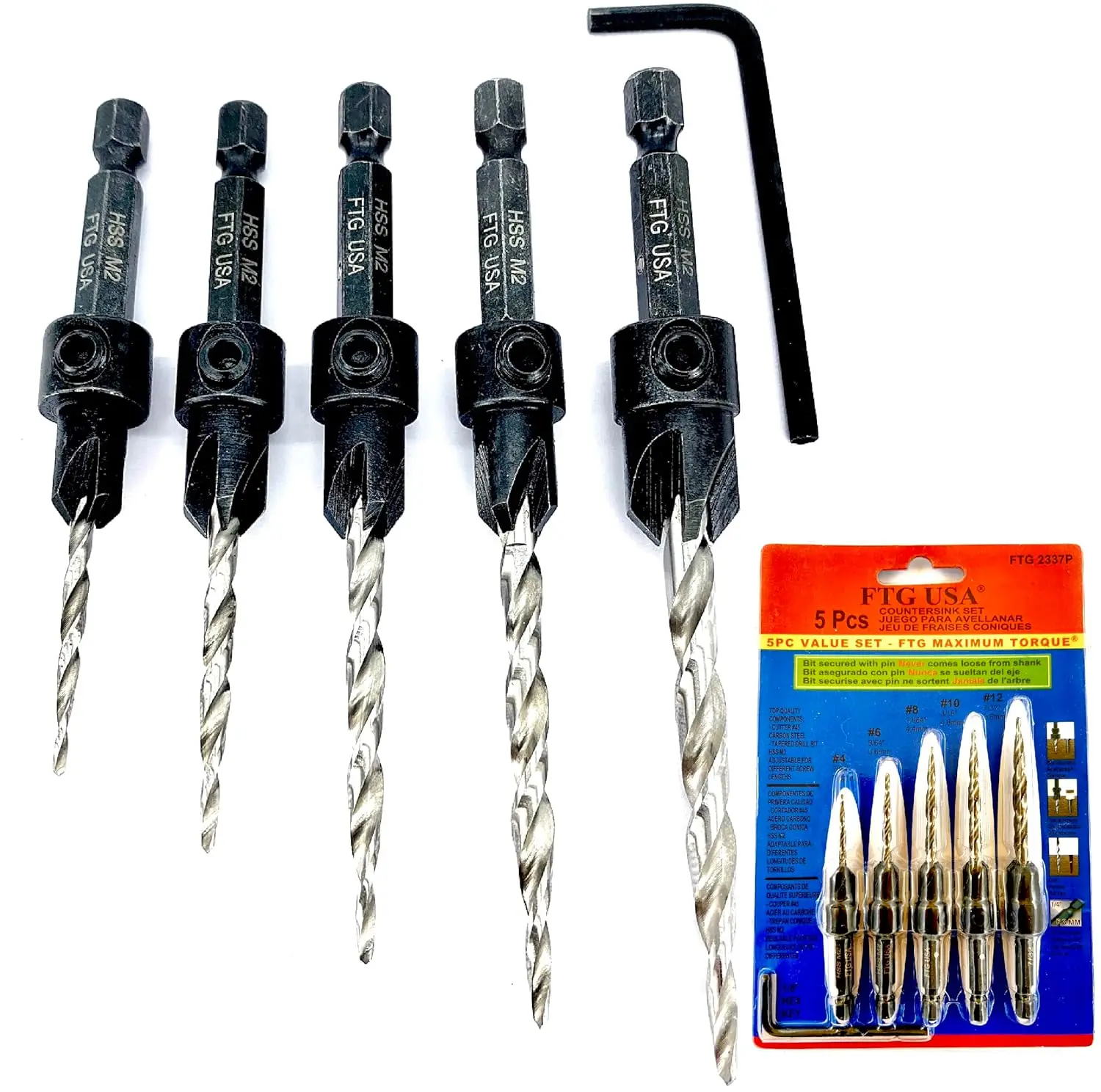 

5-Piece Tapered Drill Bit Set for Woodworking, Sizes #4 #6 #8 #10 #12, USA Compatible