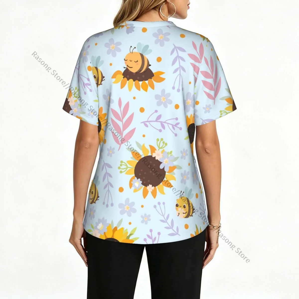 Women Scrubs Blouse Medical Nurse V-neck Clinical Scrubs Top Bees And Sunflowers Operating Room Work T-shirt