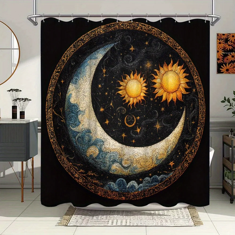 

1pc Celestial Golden Suns and Moon Shower Curtain - Intricate Polyester Fabric with Crescent Moon, Starry Sky, and Golden Suns