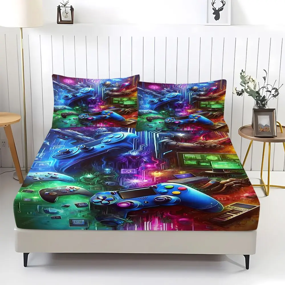 Cyber Game Controller Print Fitted Sheet Set Bed Sheet Set Bedding Set No Fillers Adult Gamer Gaming Room Sheet Set