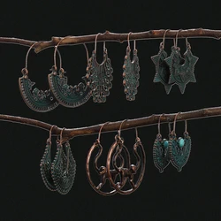 Green Bronze Metal Earrings Hollow Geometry Dangle Earrings for Women Ethnic Vintage Charm Jewelry Brincos Accessories
