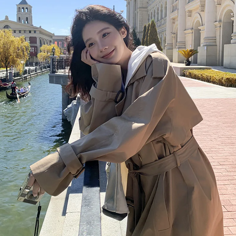 

Vintage Hooded Trench Coat Women 2025 Autumn New Korean Loose Casual Long Coat