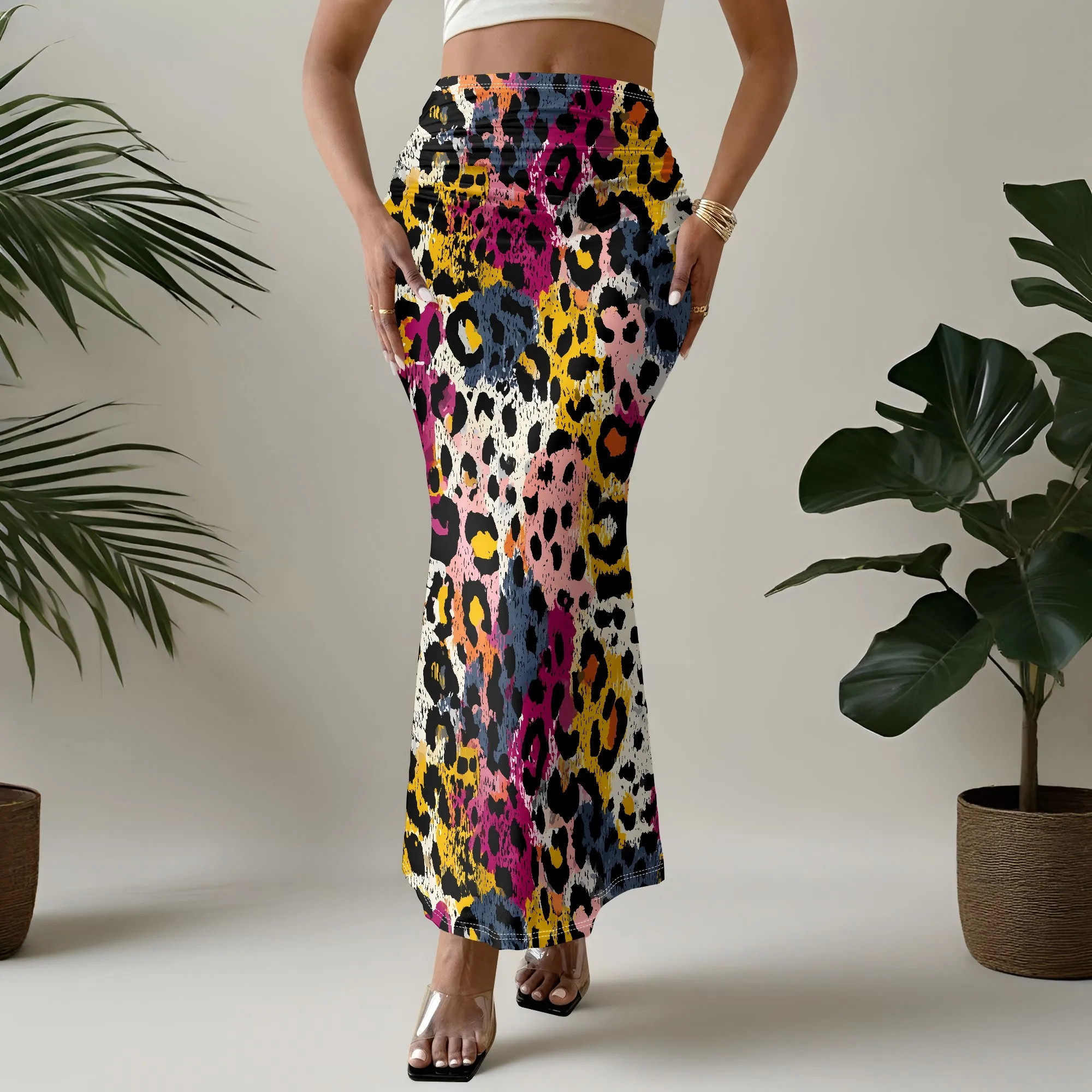 Vibrant Leopard Print Maxi Skirt, High Waist Mermaid Hem, Women's Fashion Bottoms for Party Clubwear, S-3XL
