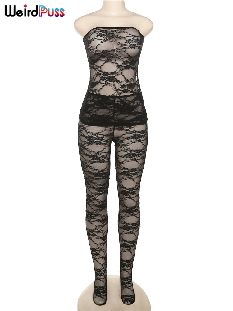 Weird Puss Sexy Mesh Women 2 Piece Set Skinny See Through Hipster Strapless Dress+Foot Leggings Midnight Clubwear Matching Suit