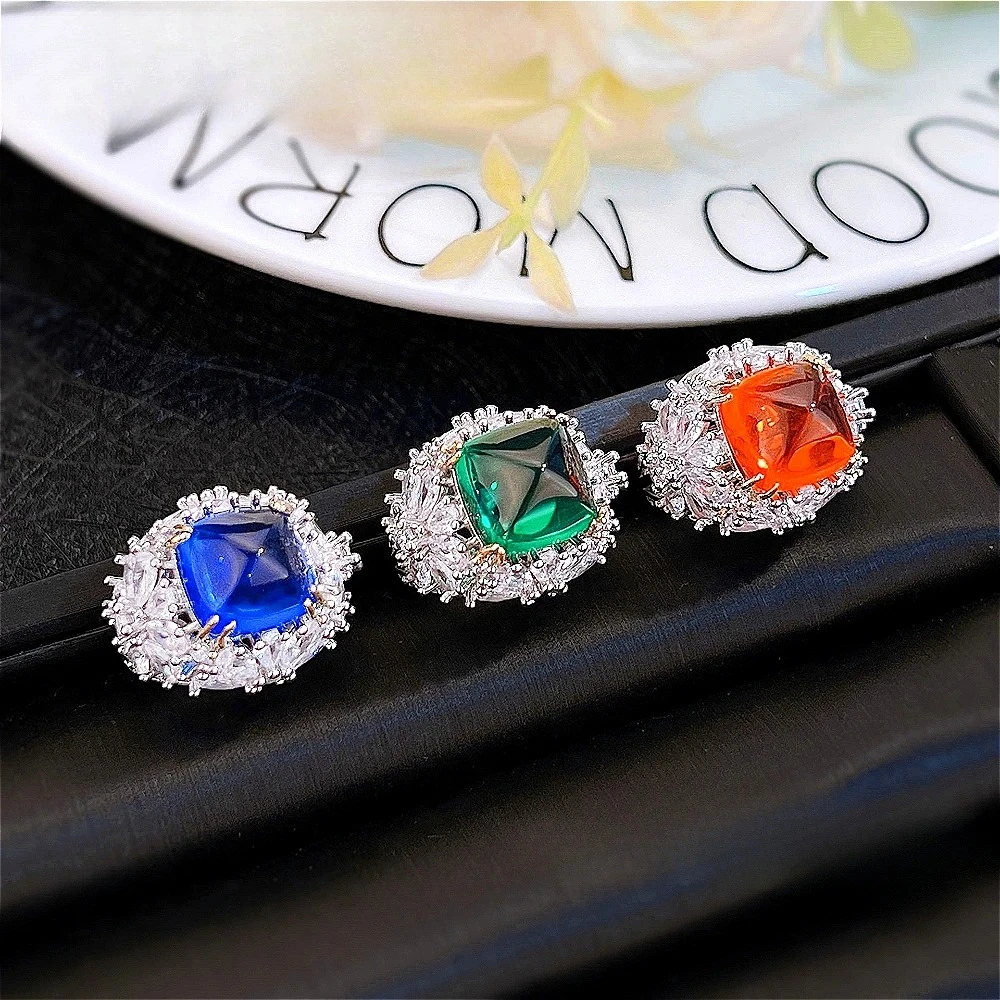 925 sterling silver green diamond sugar tower ring for women. Full diamond royal blue Fendahl gemstone ring.
