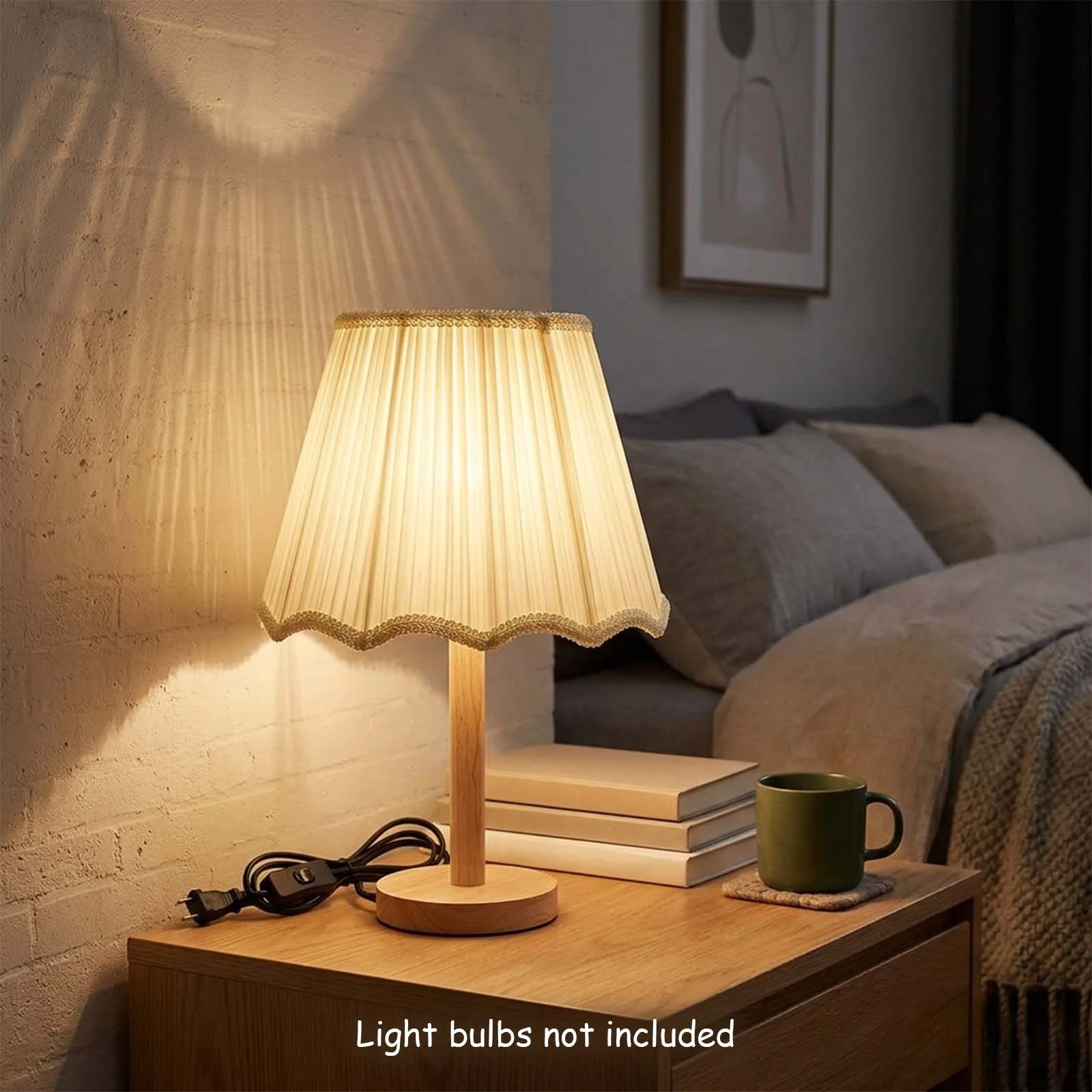 Table Lamp, White Pleated Fabric Shade, Lace Trim, Solid Wood Base, E27, Nordic Bedside
