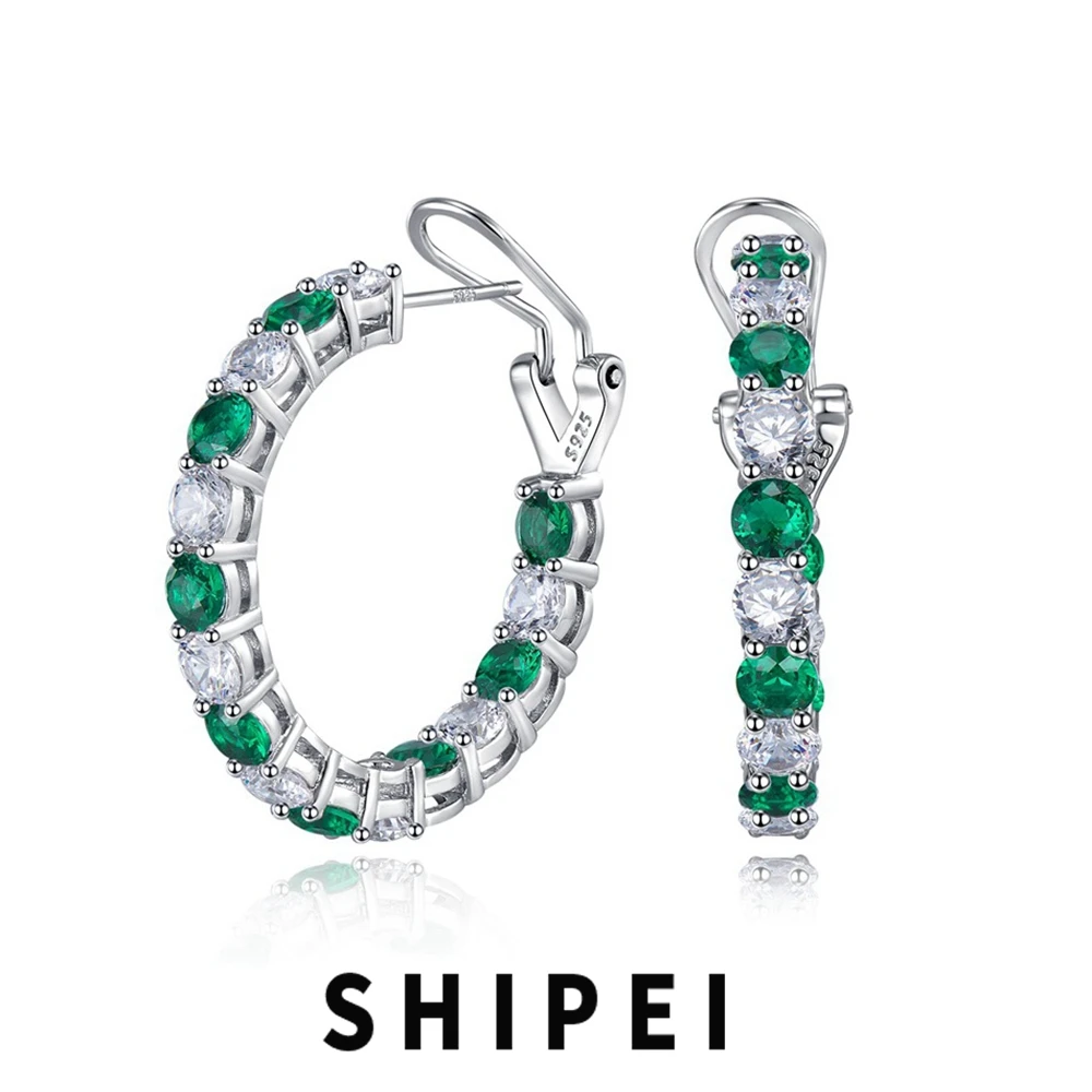 

SHIPEI Vintage Solid 925 Sterling Silver 4 MM Emerald Sapphire Gemstone Fine Jewelry 18K Gold Plated Hoop Earrings Wholesale