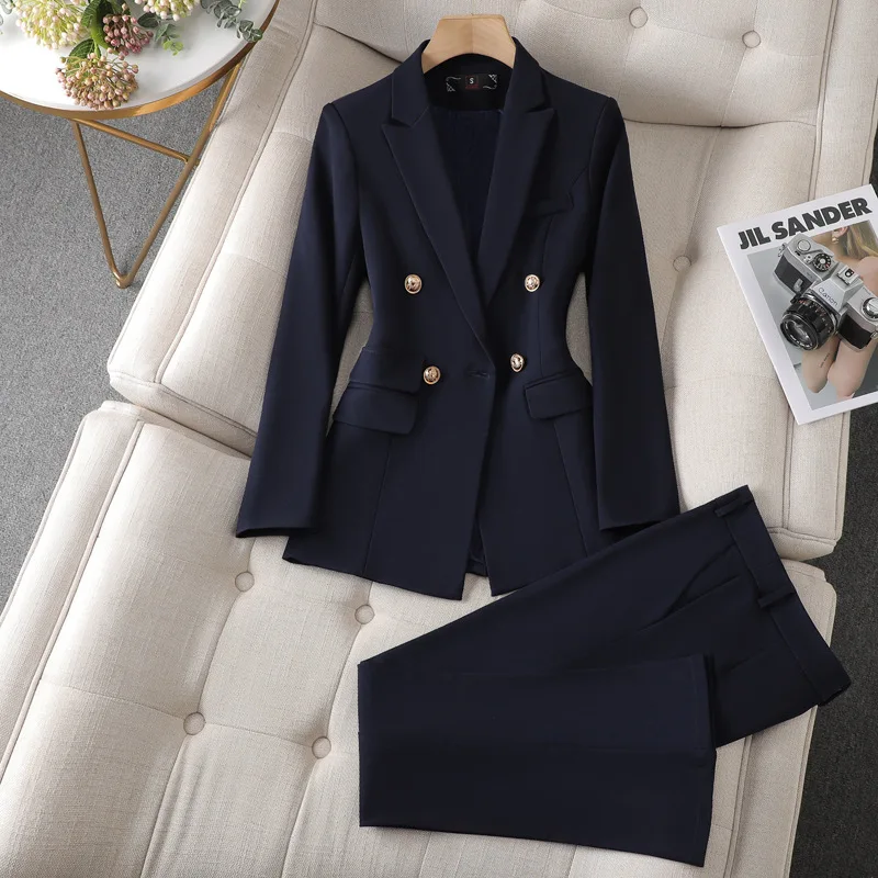 

New Autumn Women Pant Suit 2 Piece Set Ladies Solid Color Double-breasted Blazer and Trouser Female Business Formal Suit Jacket
