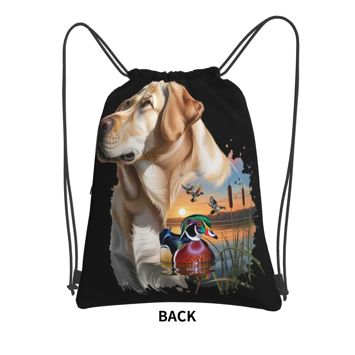 Yellow Labrador And Wood Duck Sunrise Backpacks Portable Drawstring Bags Storage Bag Book Bags for Travel Students