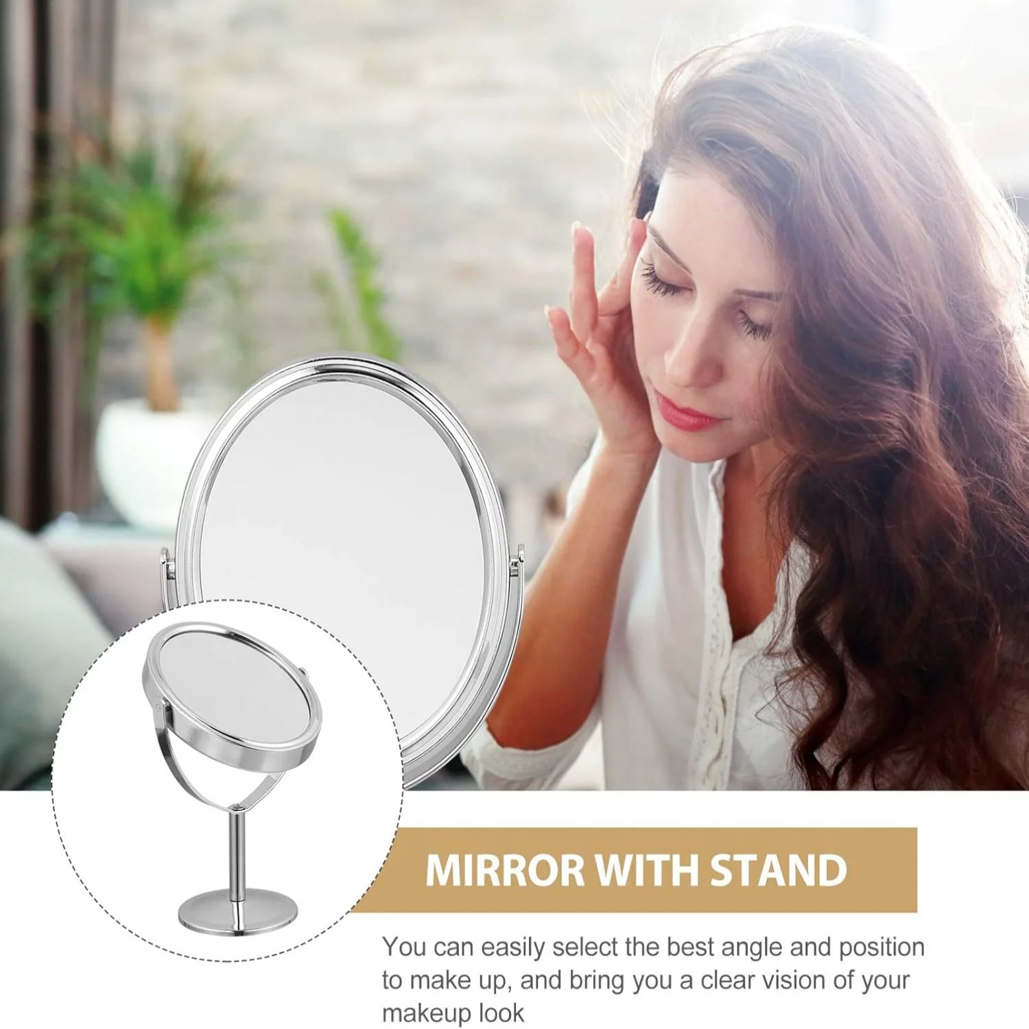 Vanité grossissante de salle de bain pivotante de bureau avec support de bureau rotatif Double face rond pivotant cadre en métal (argent)