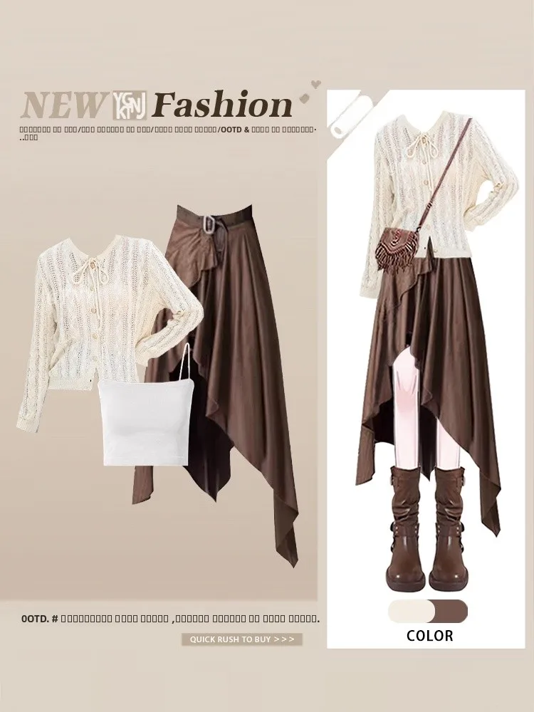 

Retro Elegant Long Sleeve Knitted Sweater with Strap Halter Vest And Asymmetrical Skirt Fashionable Autumn Outfit for Women