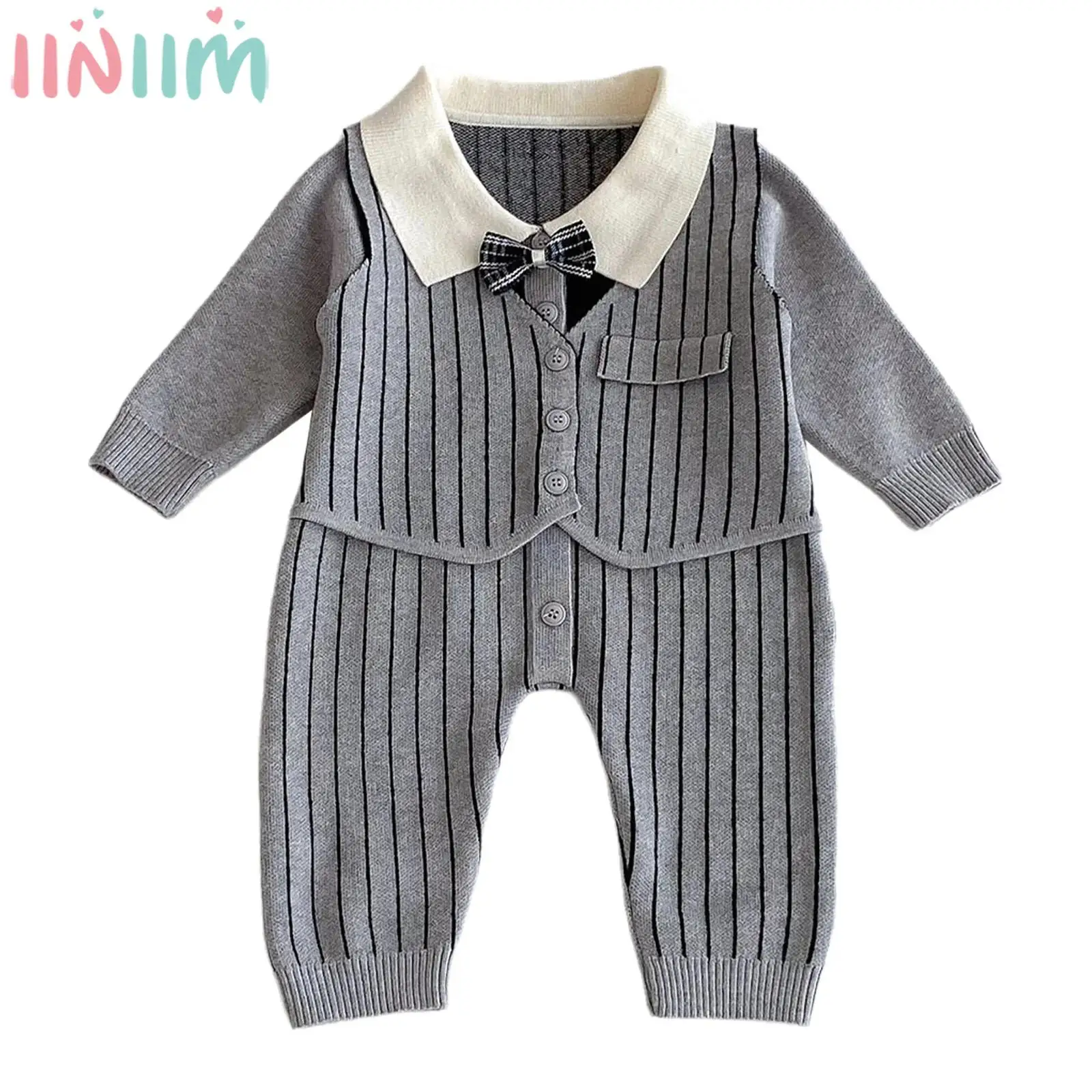 

Baby Boys Gentleman Romper Fake Two Piece Long Sleeve Striped Bowtie Knitted Waistcoat Jumpsuit for Birthday Party Wedding