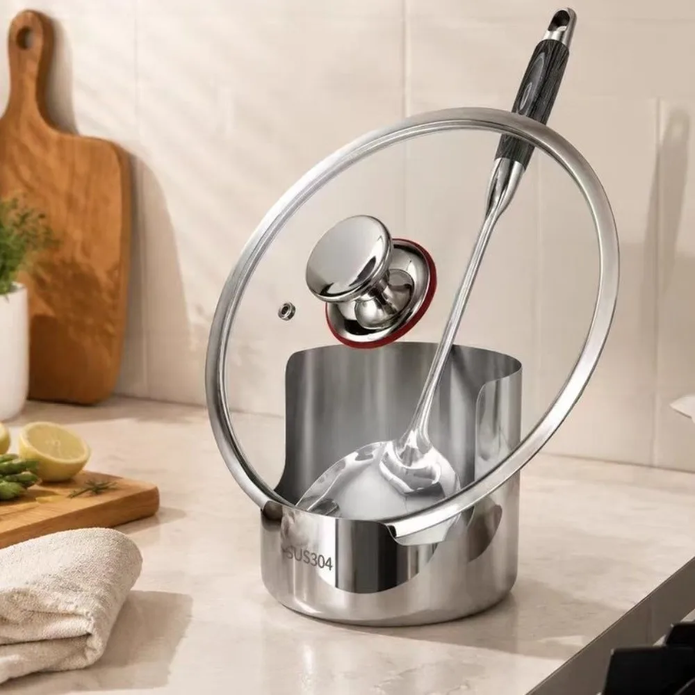 Stainless Steel Pot Lid Storage Rack Stable Non-Slip Spoon Holder Vertical Heat-Resistant Soup Spoon Rest Dinning Table