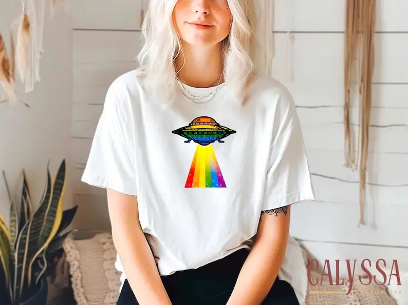Space Rainbow UFO Shirt, LGBTQ+ Alien Abduction Pride t-shirt, Pride Celebration Tee, Lesbian Gay Pride Tee, Social Justice