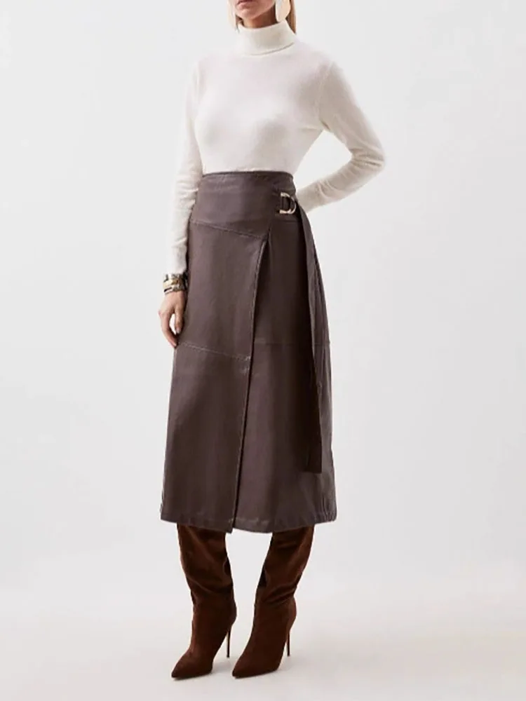 Damska, regulowana, asymetryczna długa spódnica, seksowna z rozcięciem, jednolita, dopasowana spódnica imprezowa, elegancka spódnica z wysokim stanem z ekoskóry.