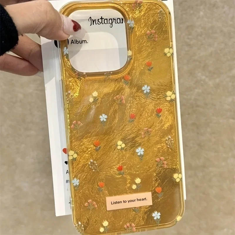 Case For iPhone 16 Pro Max 15 14 Plus 13 12 11 XS X XR 7 8 Plus Perforated Swirl IND Yellow Full Screen Tulip Floral Clear Cover