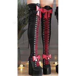 Red Butterfly Knot Cross Tied Platform Over the Knee Boots Wedges High Heel Fashion Sexy Women Shoes 2024 Zapatos Para Mujere