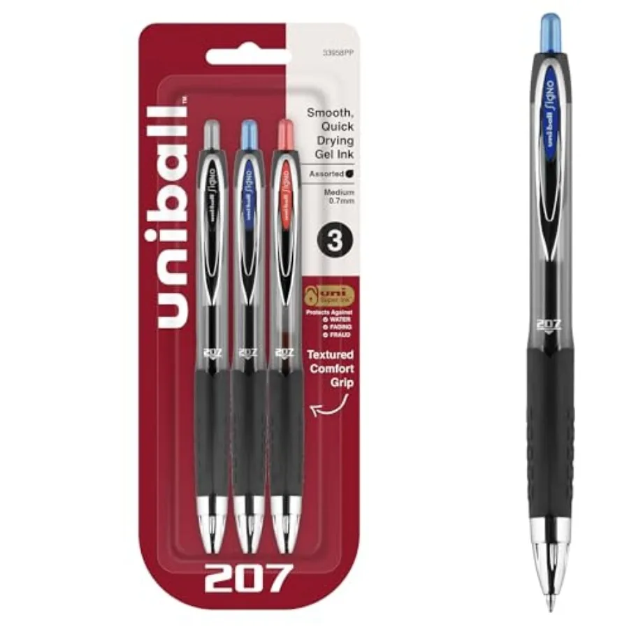 uniball 207 Retractable Gel Pens, Point,, 3 Pack
