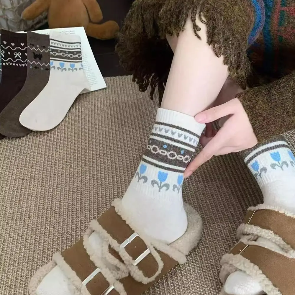 1/4 Paar bedruckte warme Damensocken, Anti-Kälte, atmungsaktiv, gestapelte Socken, mittelhohe Socken, Herbst und Winter