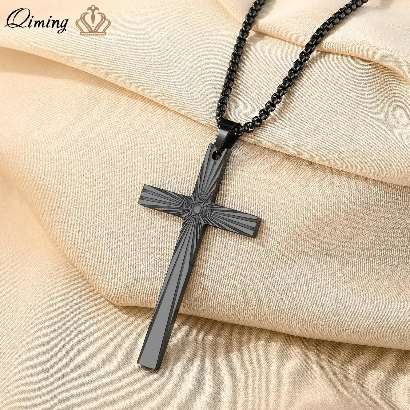 QIMING Black Titanium Steel Men's Cross Necklace Punk Christian Dainty Jewelry Personality Pendant Necklace Women Gift