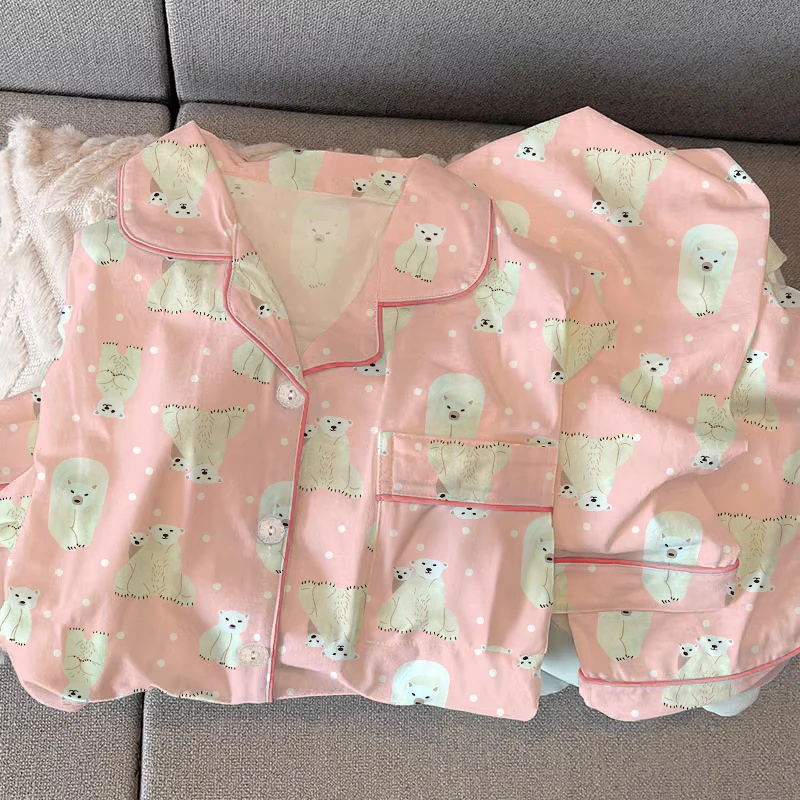 Y2K Pink Cartoon Polar Bear Print Women Pajamas Harajuku Cute Kawaii Casual Sleepwear 2024 New Autumn Winter Milk Silk Homewear