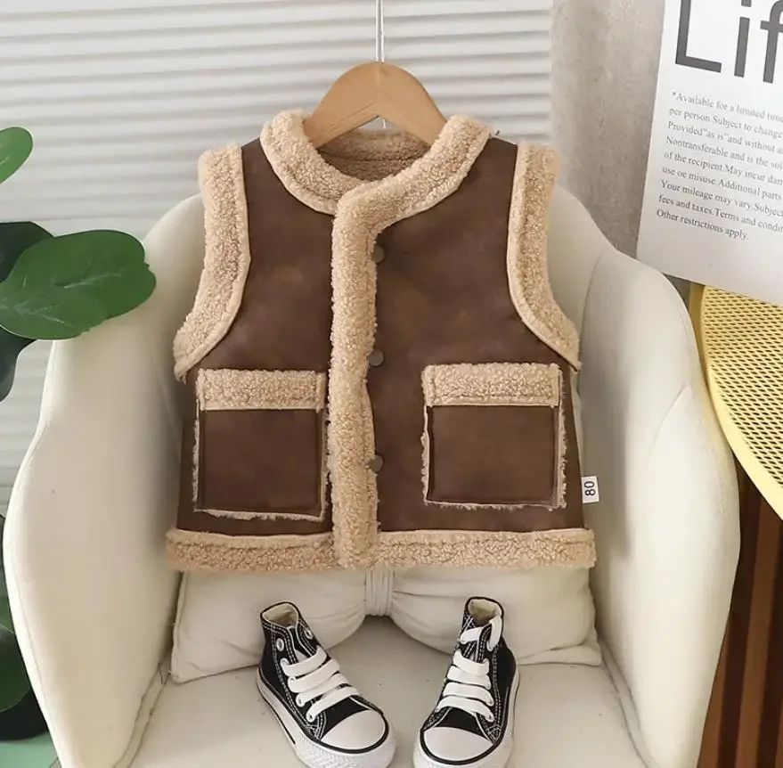 Toddler Infant Baby Clothing Korean Version Boys Girls Velvet Thickened Fur Integrated Warm Vest Jacket Christmas Kids Clothes